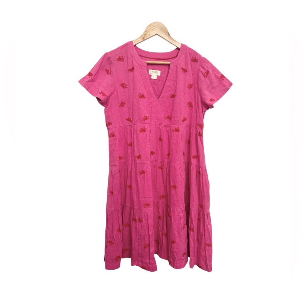 Maeve for Anthropologie Embroidered Tiered Tunic Dress Pink with Red Crabs Sz Sm